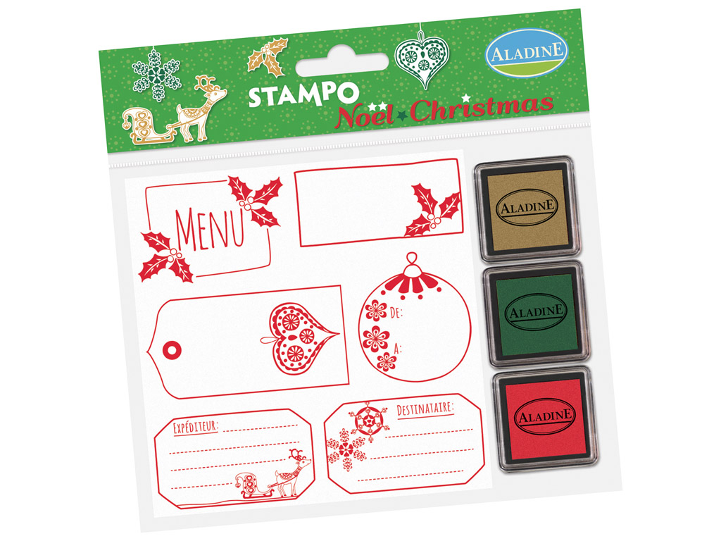 Stamp Aladine Stampo Christmas 6pcs Labels + 3 ink pads blister