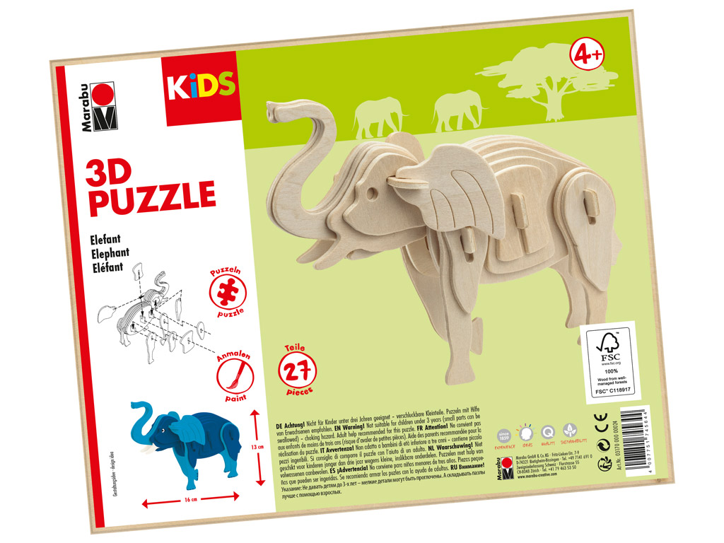 3D puzle koka Marabu Kids Elephant 27 daļas