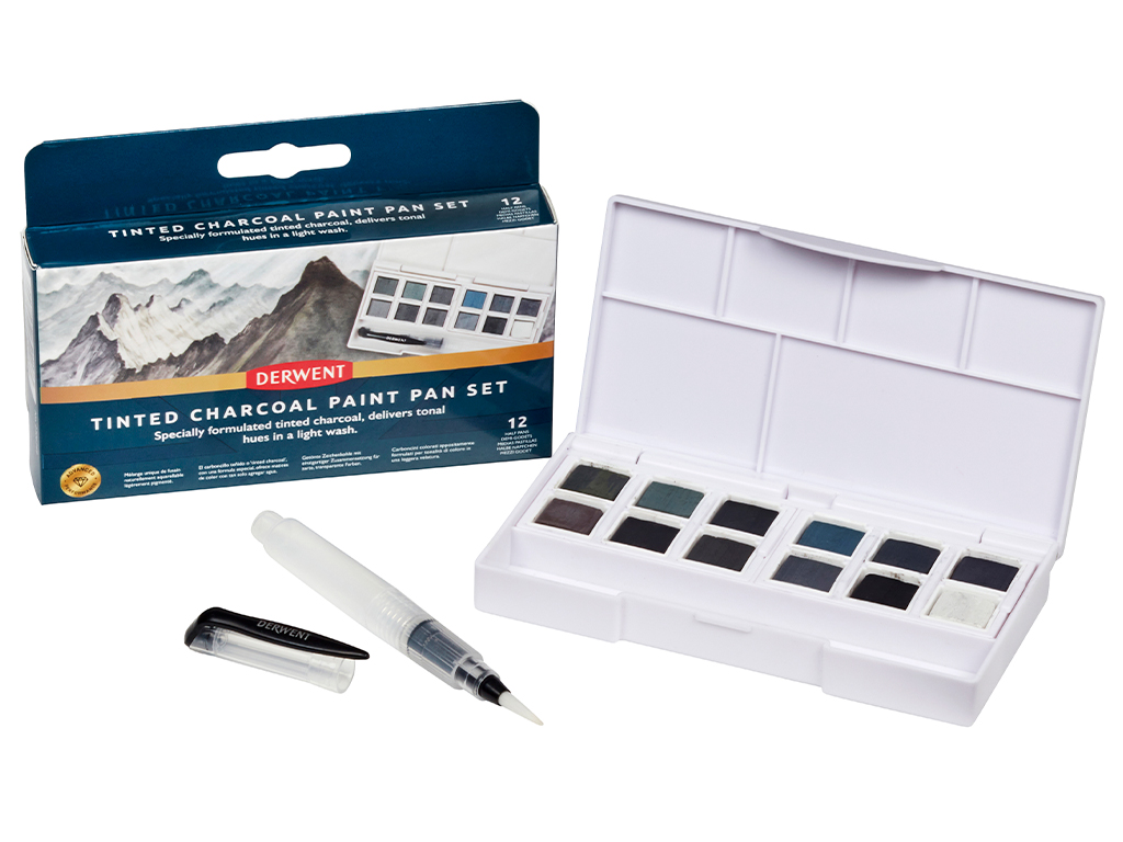 Watercolour set Derwent Tinted Charcoal 12 half pans+waterbrush in plastic box