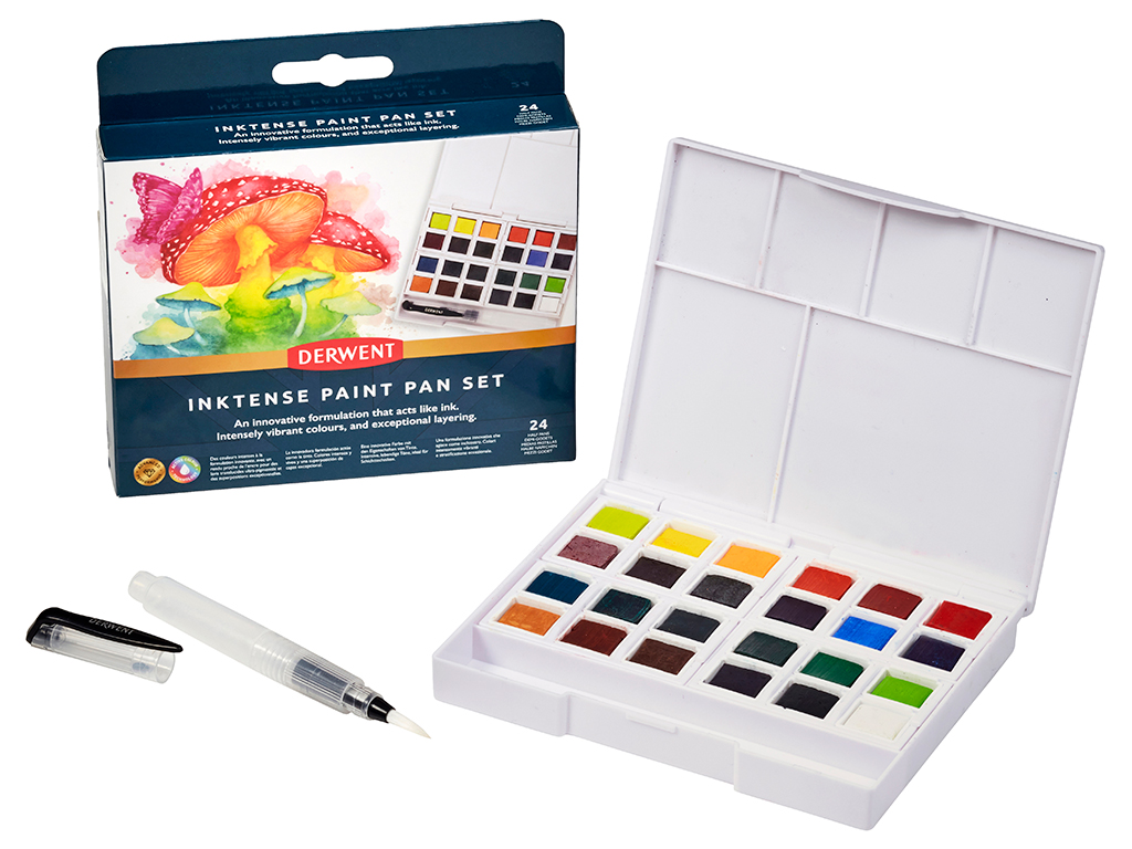 Akvareļu krāsu komplekts Derwent Inktense 24x1/2 kubiņi plastikāta kastē
